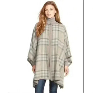 Grey Plaid Suede Trim Wool Blend Poncho Lauren Ralph Lauren S/M